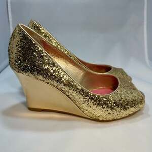 Lilly Pulitzer Gold Glitter Peep Toe Wedge Heels